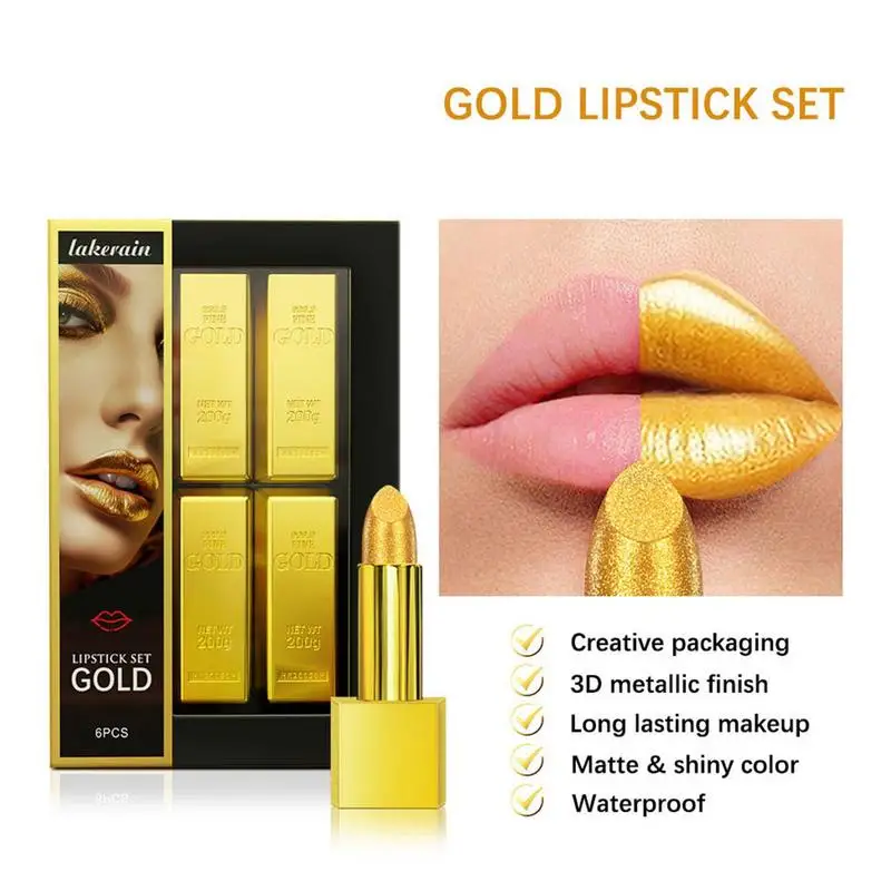 Gouden Lippenstift Metallics 6-kleuren Sprankelende Metallics Lippenstift Langdurige Smudge-Proof Lipgloss Kit Make-Up Geschenk Lippenstift Make-Up