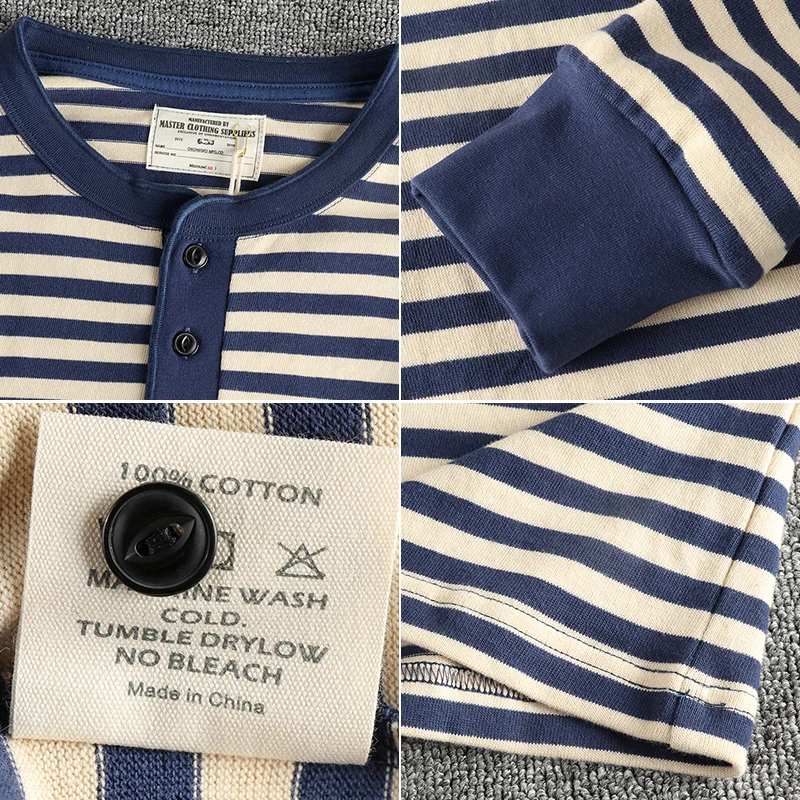 الخريف الأمريكية الرجعية 280 جرام الوزن الثقيل هنري طوق تي شيرت مخطط الرجال بسيط 100% القطن غسلها عادية فضفاض صعبة الرجل القمم