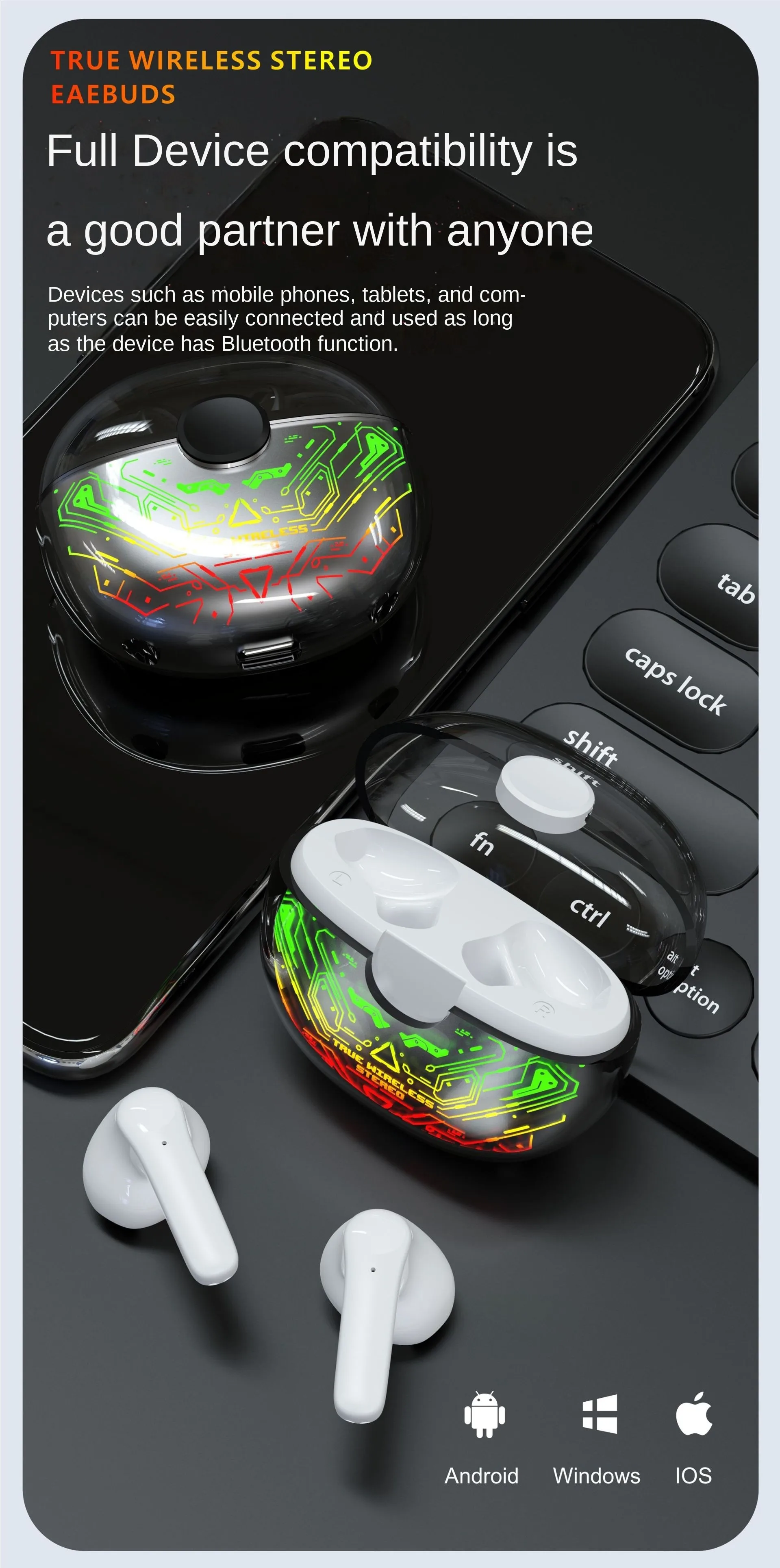 Wireless Headphones Touch Bluetooth Headset RGB Luminous Breathing Light Color Changing LED Charging Box Waterproof