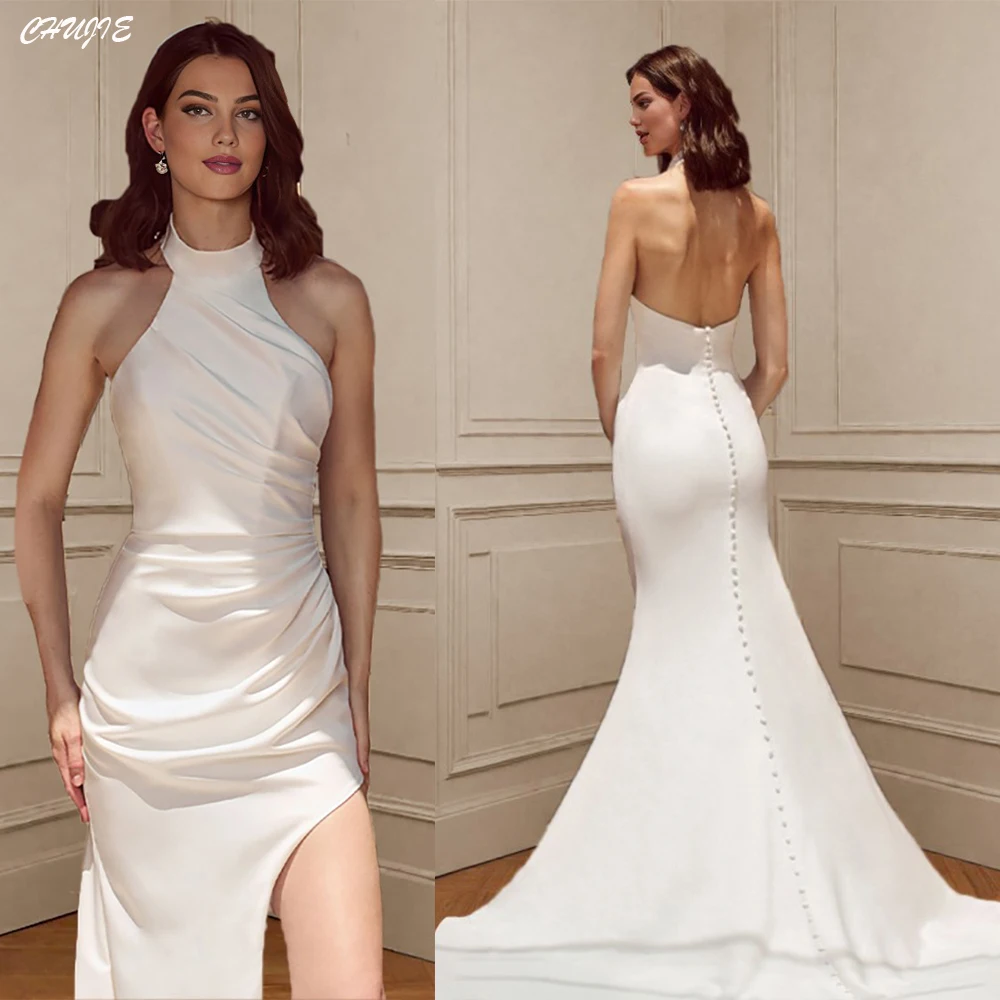 

Halter White Backless Elegant Exquisite Wedding Dress Customized Plus Size Bridal Gowns With Train Свадебное платье فستان المساء