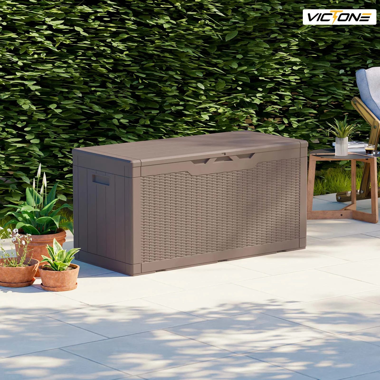 Victone 100 Gallon Resin Deck Box, Waterproof Large Outdoor Storage Box with Padlock for Patio Furniture Toys and Garden, Brown