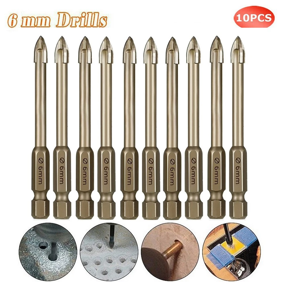 10Pc 6Mm Multifunctionele Kruis Driehoek Boor Set Tegel Porselein Boor Bit Marmer Keramische Glazen Baksteen Hex Schacht Kruis Speer Kop
