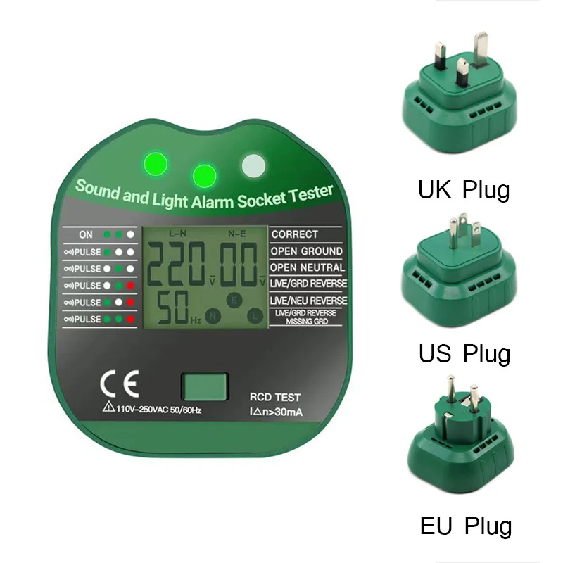 HYC108 Cyfrowy wyświetlacz Gniazdo Tester Napięcie Test RCD Inteligentny detektor Ziemi Zero Linia Polaryzacja Kontrola fazy Wtyczka EU US UK