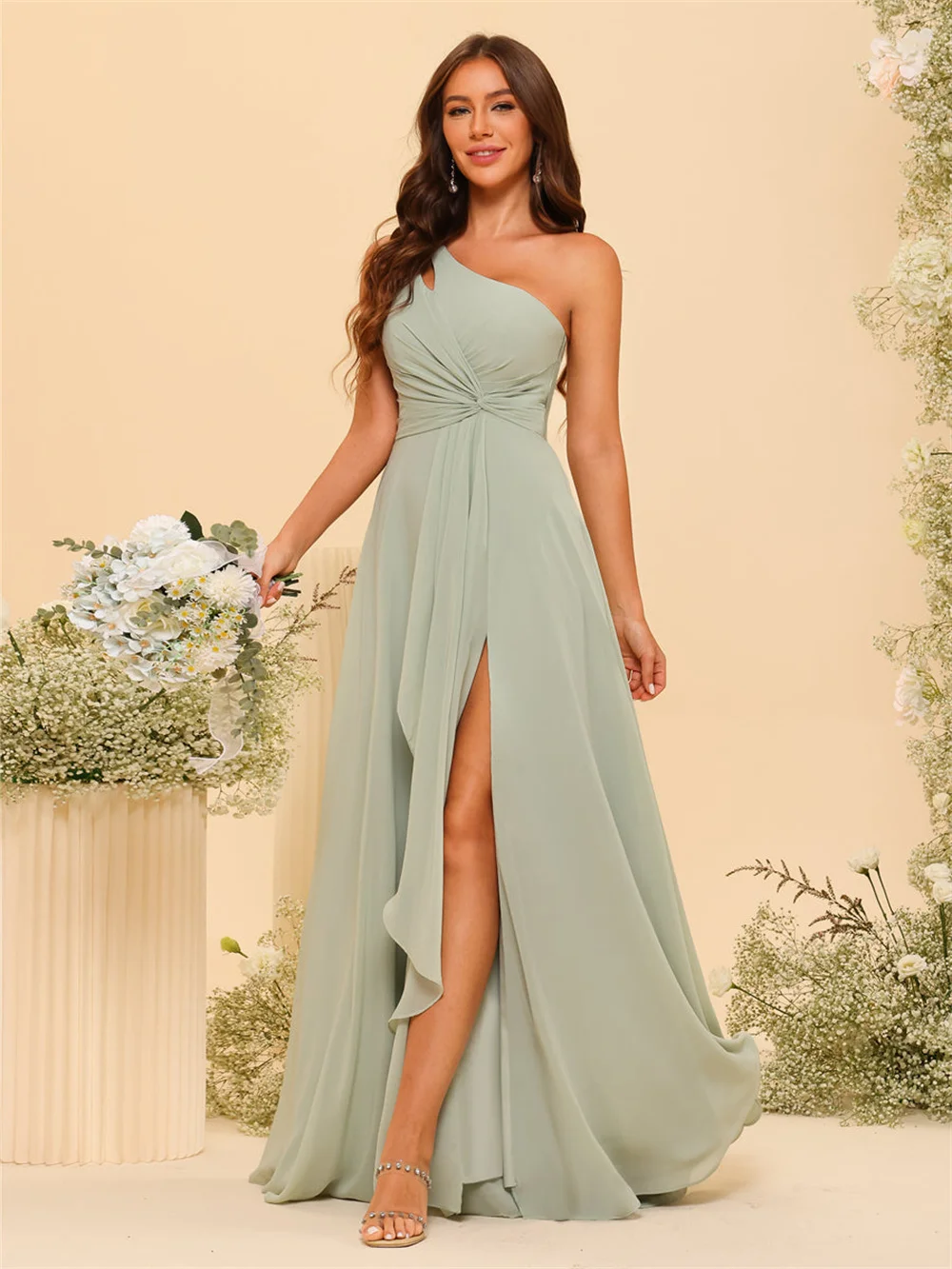 

Beshinel Customized Green One Shoulder Chiffon Bridesmaid Dress Ruffles High Slit A-Line Wedding Guest Evening Dresses