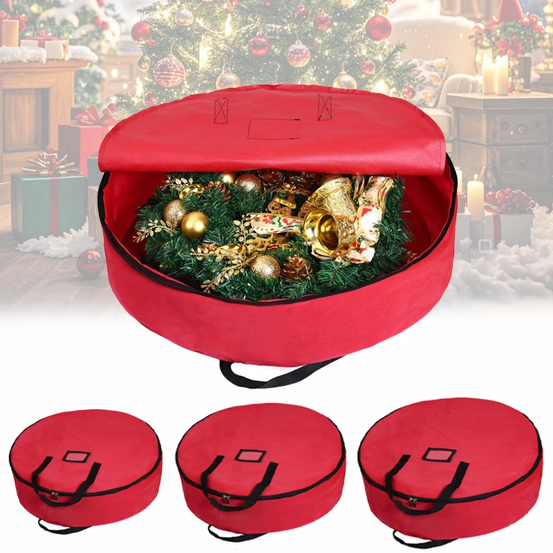 

Large Capacity Christmas Wreath Storage Container Round Red Green Waterproof Bag Oxford Cloth for Holiday Decoration Protection