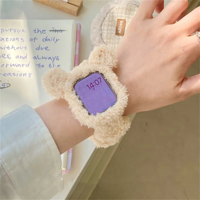 Bracelet élastique en peluche mignonne coréenne pour Apple Watch, bracelet de cheveux et étui ours pour Apple Watch 10 Ultra, 9, 8, 7, SE, 42mm, 46mm, 49mm, 45mm, 40mm, 41mm