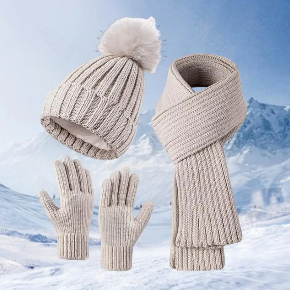 Thermo-gefüttertes Beanie-Set, Winter-Beanie-Schal-Handschuhe-Set für Damen, gestrickte warme Mütze mit Reibungspalm-Handschuhen, elastisches Ohr