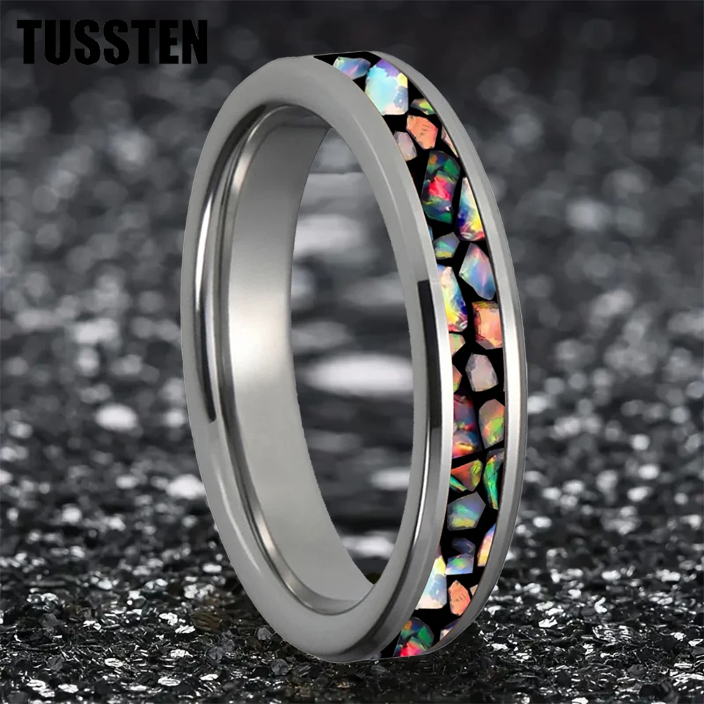 

TUSSTEN 4MM Crushed Fire Opal Inlay Pipe Cut Polished Black Tungsten Ring for Men Women Engagement Wedding Band