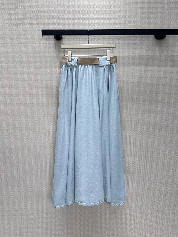 Spring Summer Fashion Daily Light Blue Cotton Casual Long Skirt Women's Middle Waist Belt Slim Solid Color A-Line Long Skirt