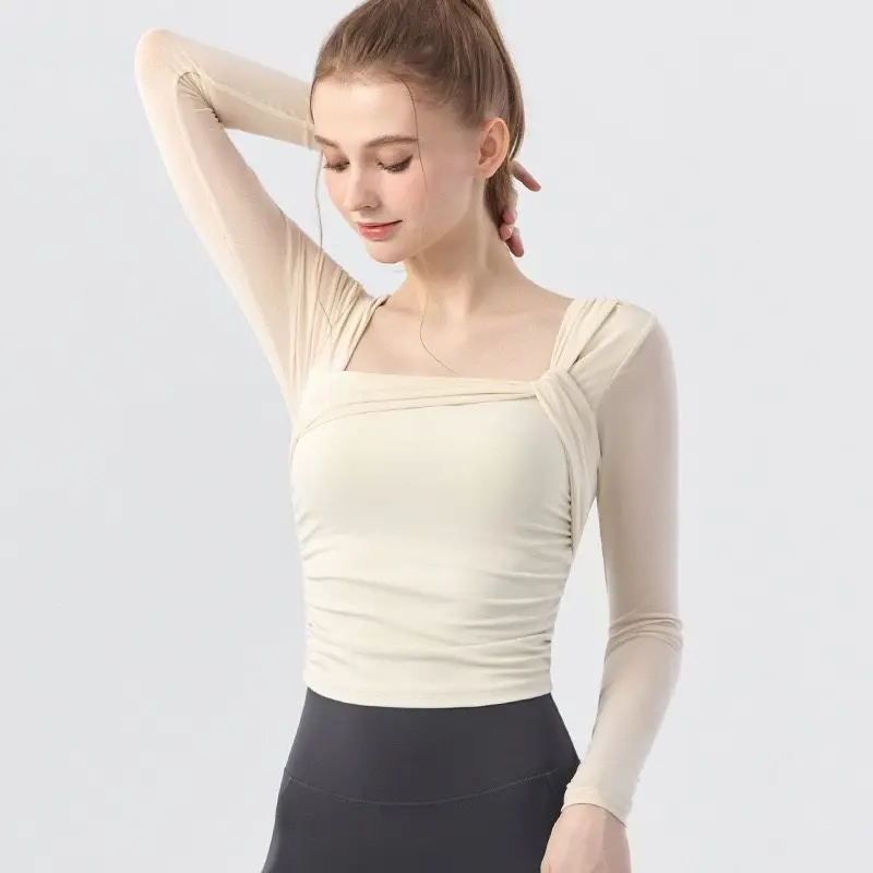 

Одежда для йоги для женщин на осень и зиму с вставками для груди, сетчатые облегающие спортивные топы, одежда для пилатеса и фитнеса с длинными рукавами