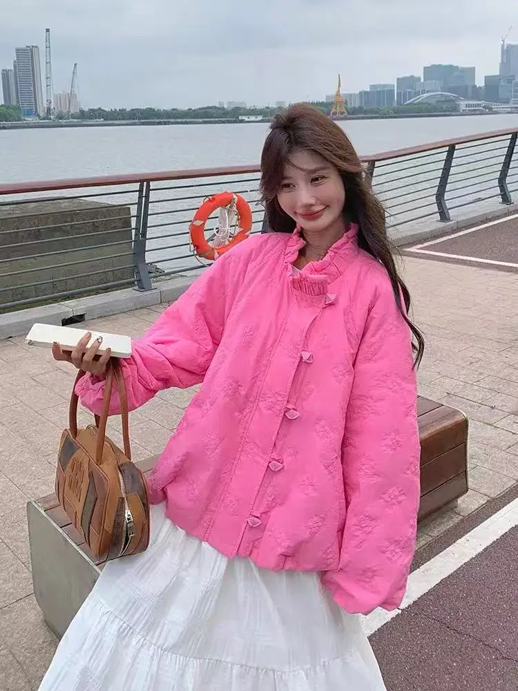 

Pink Rose Design Loose Cotton Jaet Women's Winter New Sle Small Size Stand Collar Street Faion Cotton Coat