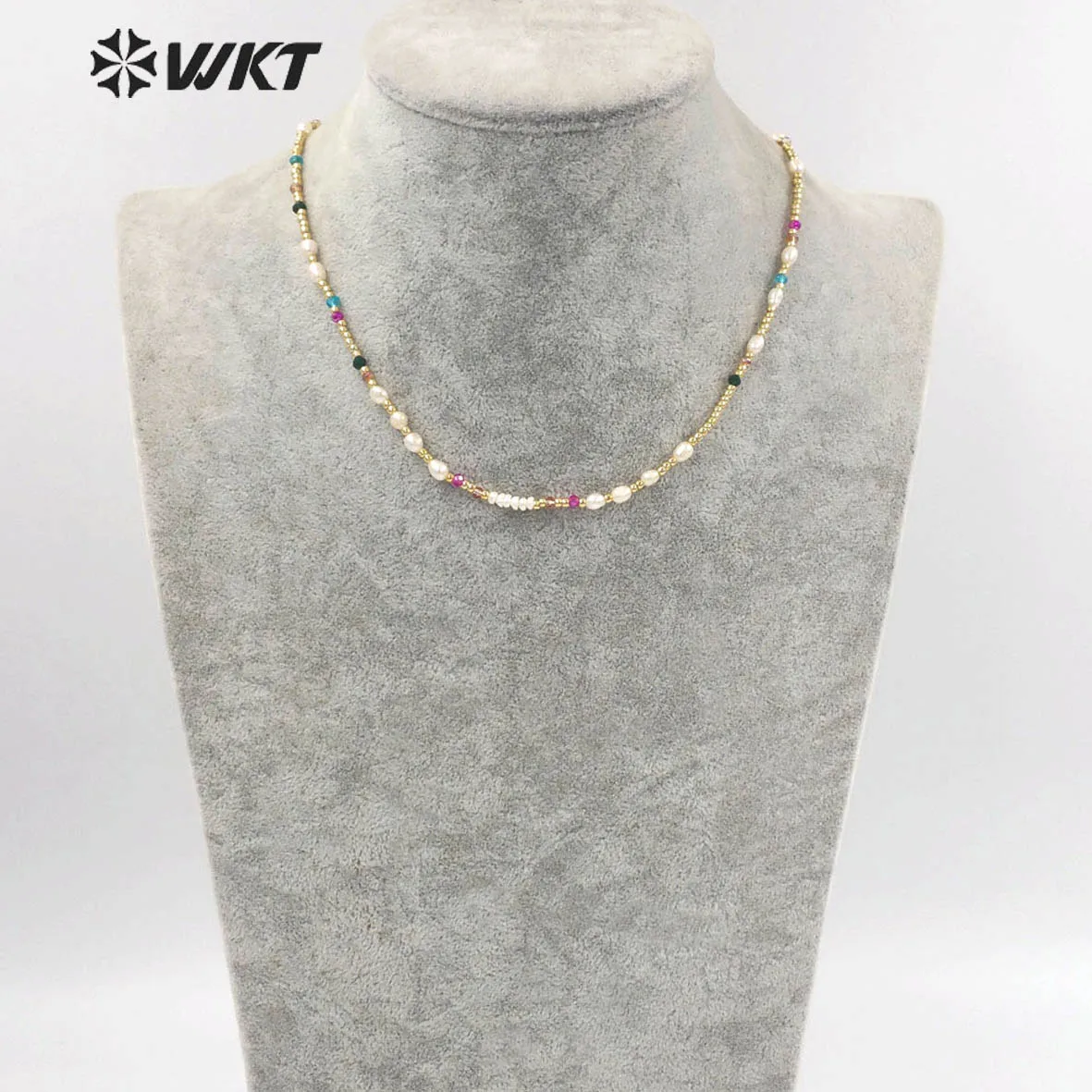 

WT-JN222 INS HOT Trendy Colorful Tiny Stone Beads Necklace 16inch Elegant Lady Pearl Gold Choker Decorated For Gift