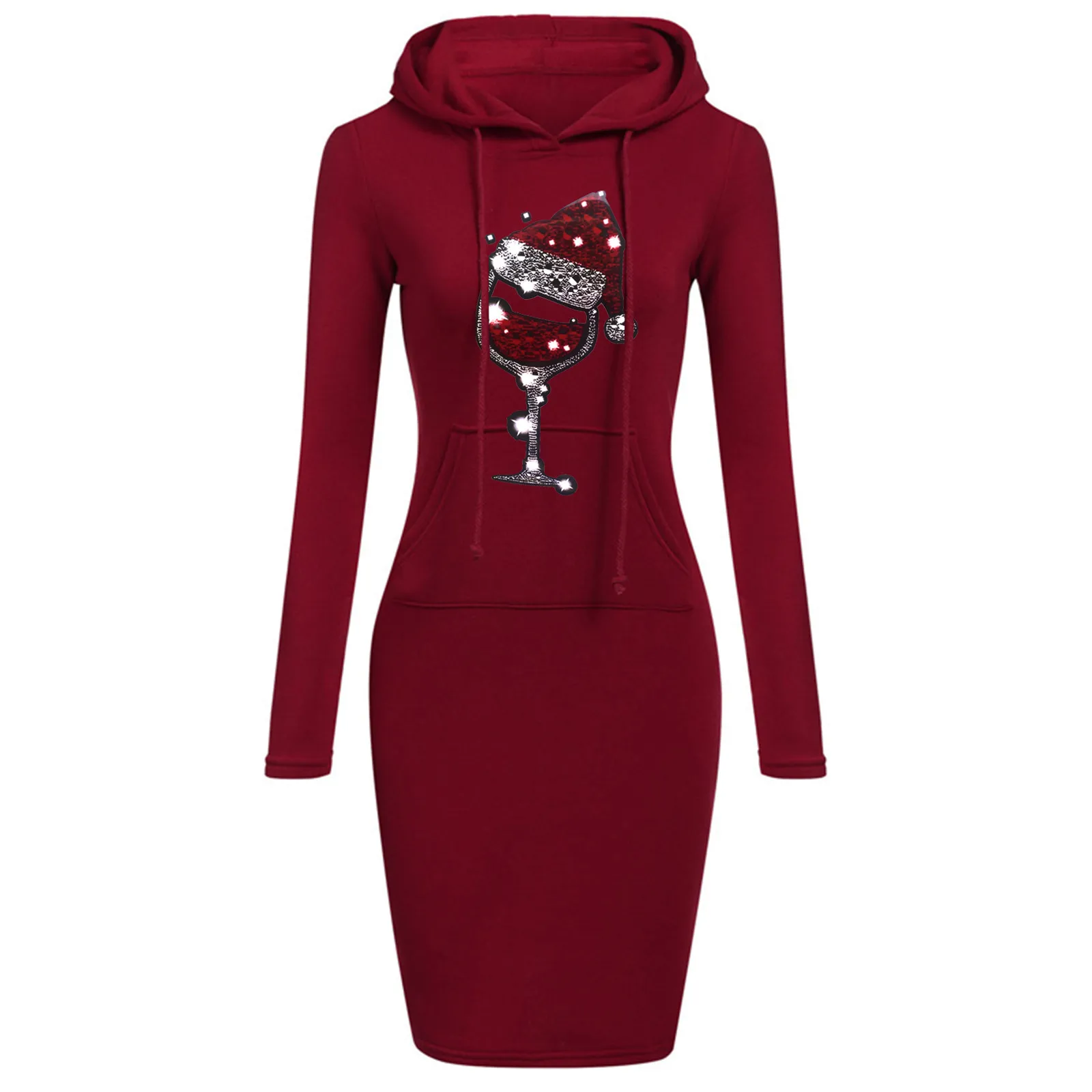 Women Christmas Hoodies Dress Long Sleeve Drawstring Hooded Slim Mini Dress Pocket New Year 2024 Xmas Dresses