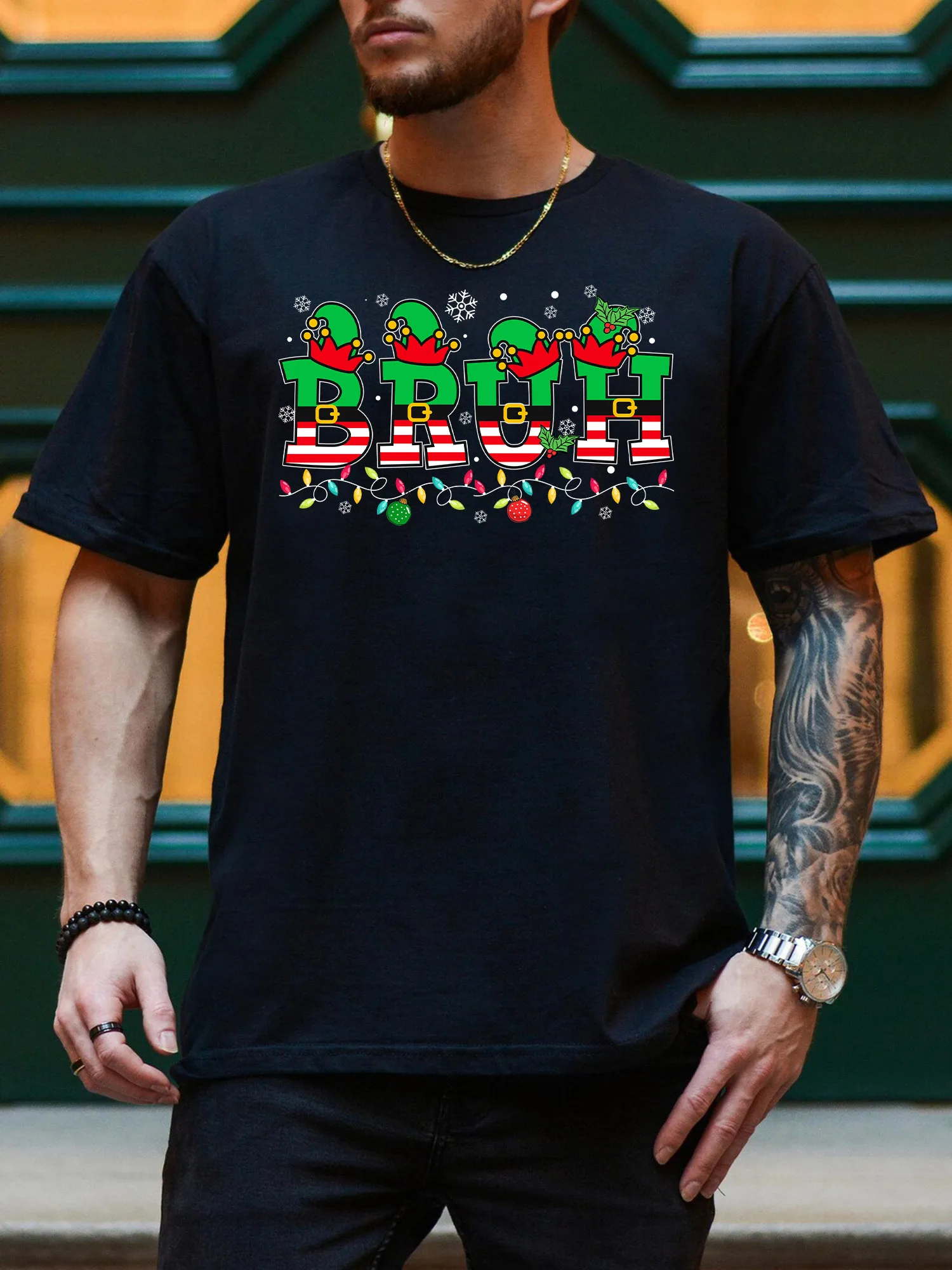 

Мужская футболка с рисунком Christmas Bruh, повседневная черная футболка из 100% хлопка, легкая футболка с круглым вырезом