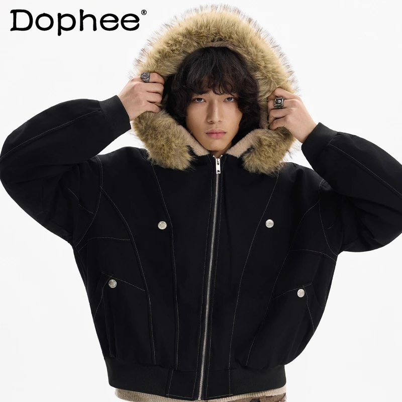 Fashion American Style Faux Fur Collar Jackets Men Women 2025 Winter New Thickened Warm Long Sleeve Parkas Tooling Jacket Parkas