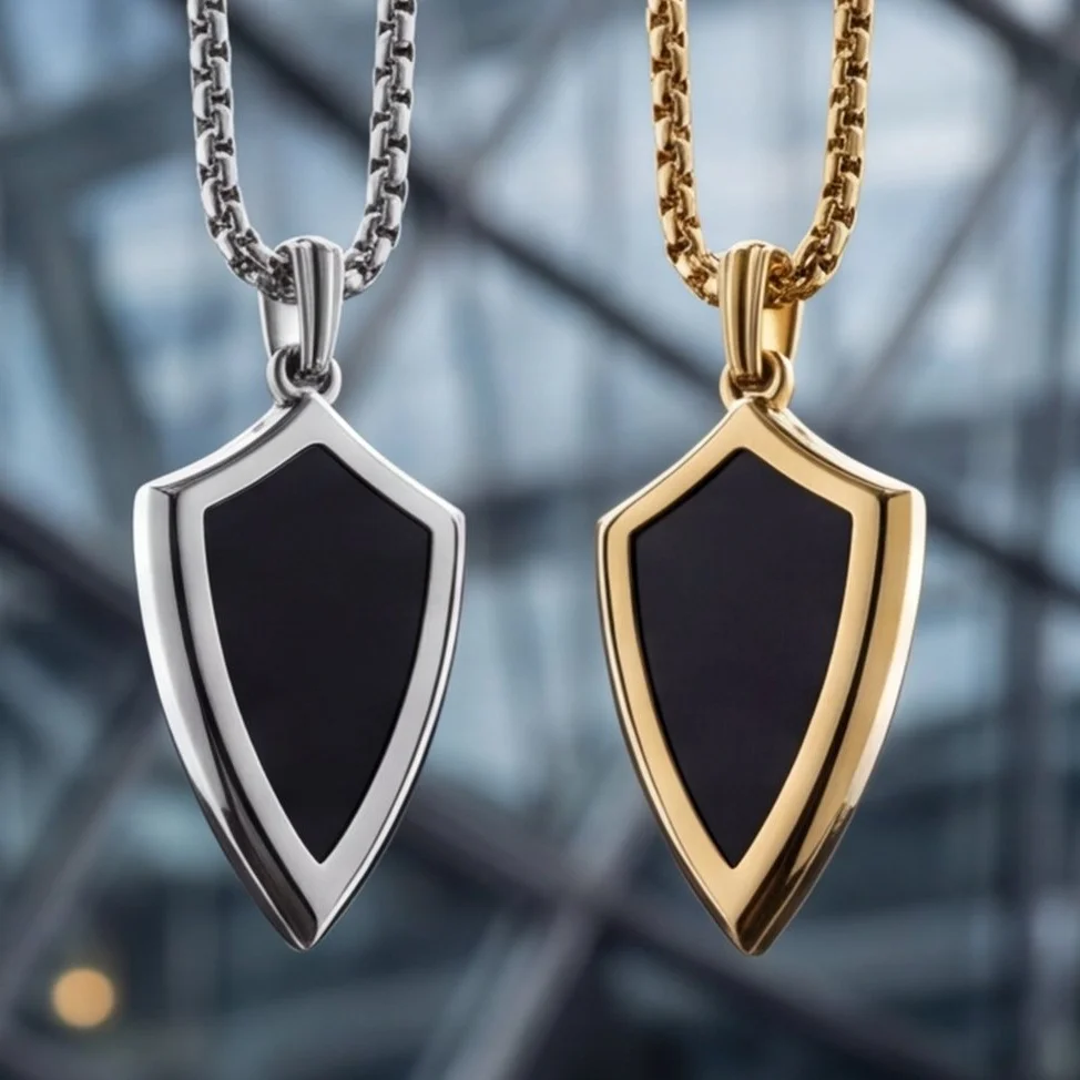 

Men's Stainless Steel Fine Jewelry High Polishing Shield Black Onyx Agate With Box Chain Necklace Boyrfriend Gift