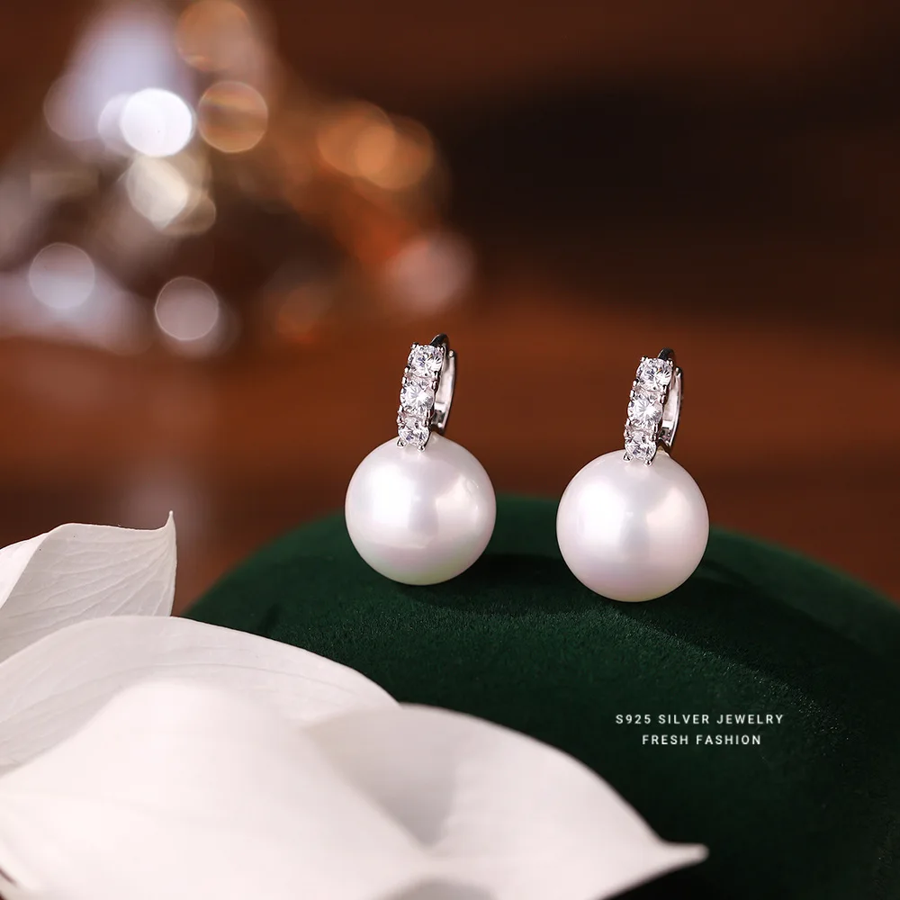 925 Sterling Silver Inlay Zircon Shell Pearl Earrings for Women French Light Luxury Temperament Elegant Jewelry