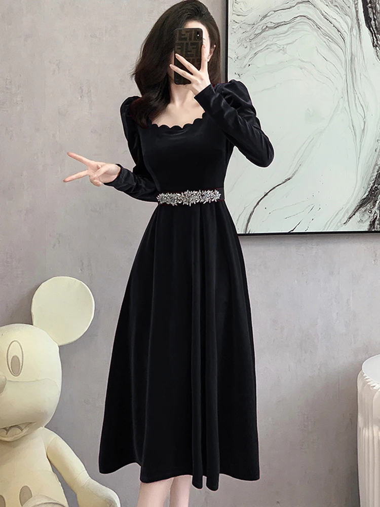 Female Velvet Chic Diamonds Bandage Long Dress Autumn Winter Elegant Luxury Evening Dress 2024 Korean Vintage Bodycon Prom Dress