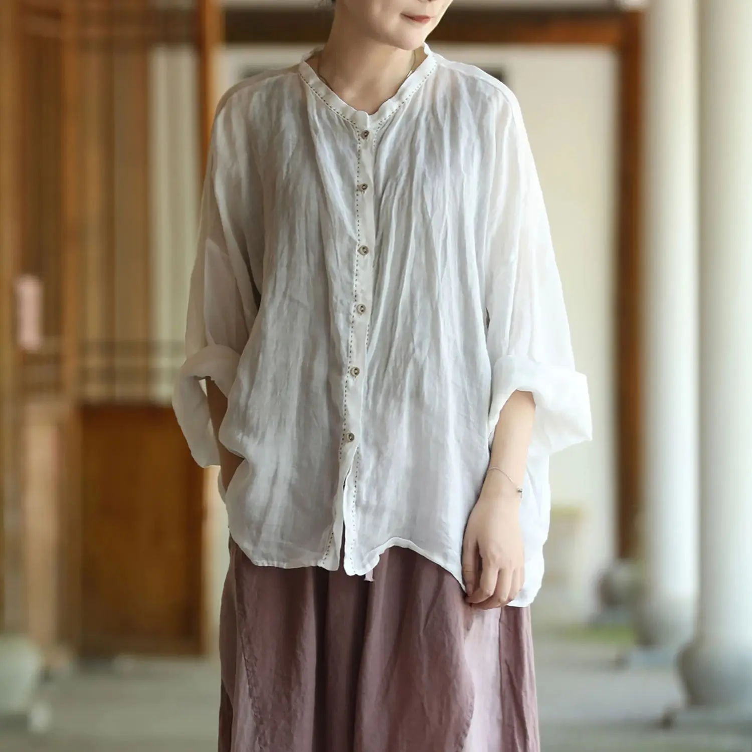 

LZJN Summer Textured Vintage Ramie Women's Shirt - Thin, Loose, Comfortable Long-Sleeved Top with Versatile Open Cardigan Style