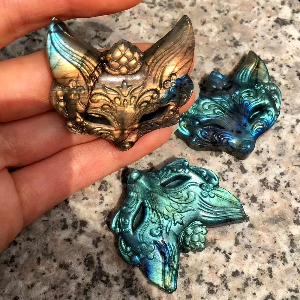 Hand-Carved Labradorite Fox Mask Animal Statue , Desk Ornament, Mineral Home Accent, Unique Gift for Nature Lovers