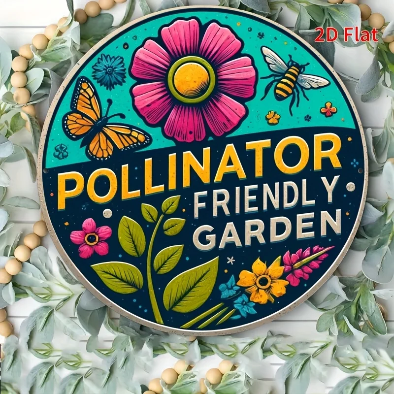 [2D Flat] 1 Stück 20,3 x 20,3 cm großes Vintage-Metallschild – „Pollinator Friendly Garden“ mit Schmetterlings- und Blumendesign, langlebiges Aluminium