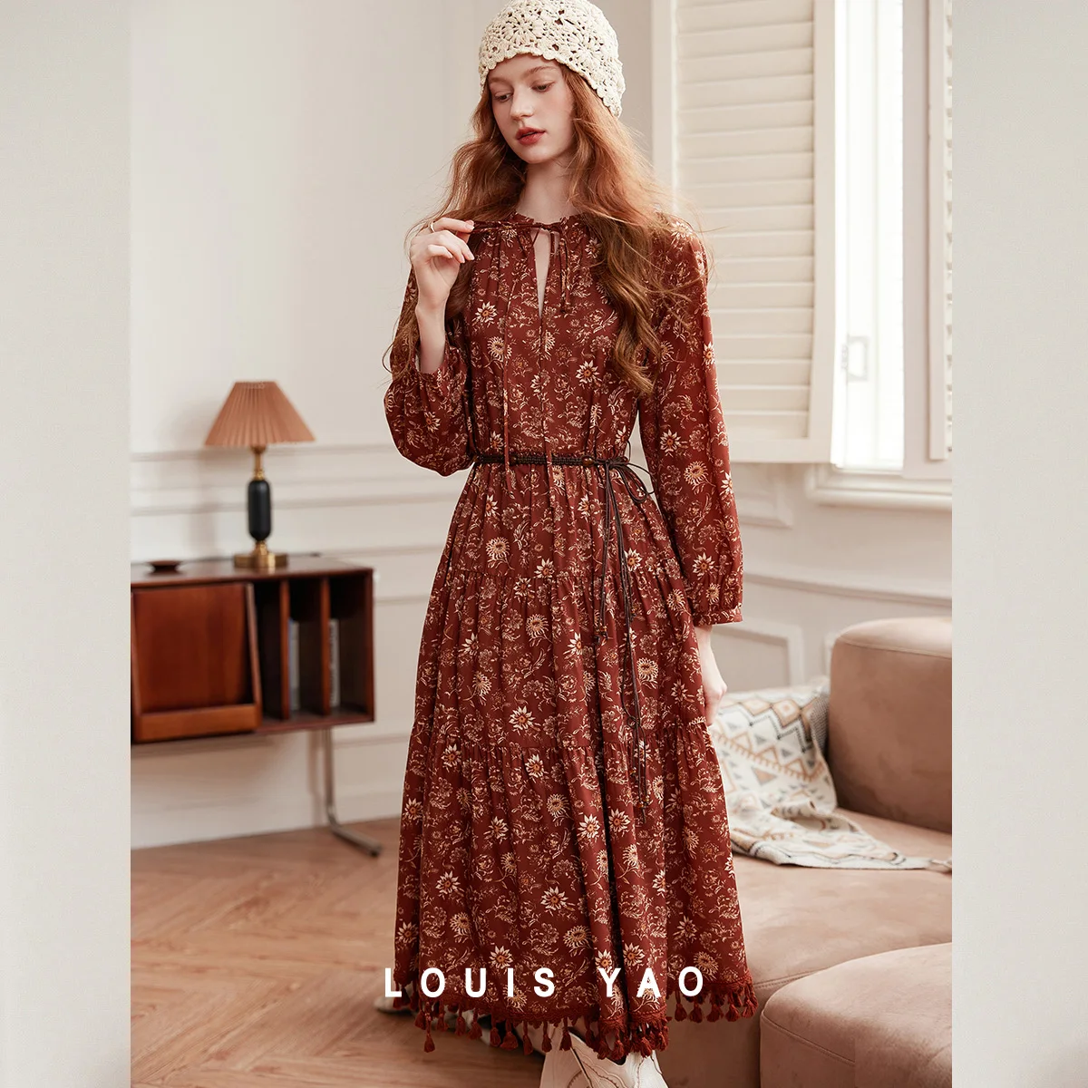 

LOUIS YAO Bohemian Style Long Sleeved Floral Skirt 2025 Autumn Tassel Detachable Waistband Non Elastic Long Women's Dress