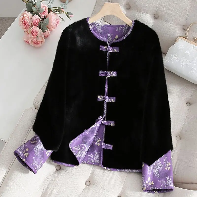 

New Chinese Style Blouse Embroidered Coat Women's Spring Autumn New Black Buckle Retro Velvet Shirt
