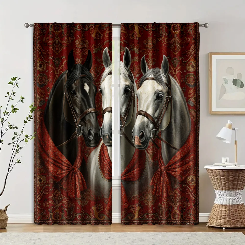 2pc,  Curtain Majestic horse 100% Polyester,Without Electricity Festive Holiday Applies to Room/bedroom/Window Decor