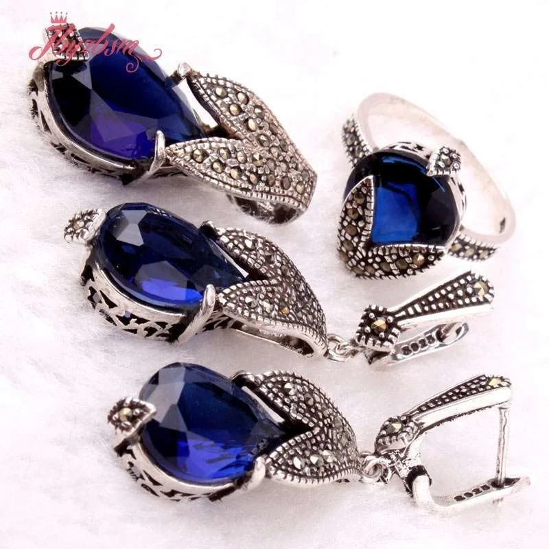 Drop Agates CZ Crystal Shell Marcasite Tibetan Silver Gorgeous Fashion Necklace Pendant Earring Ring Women Fashion Jewelry Set