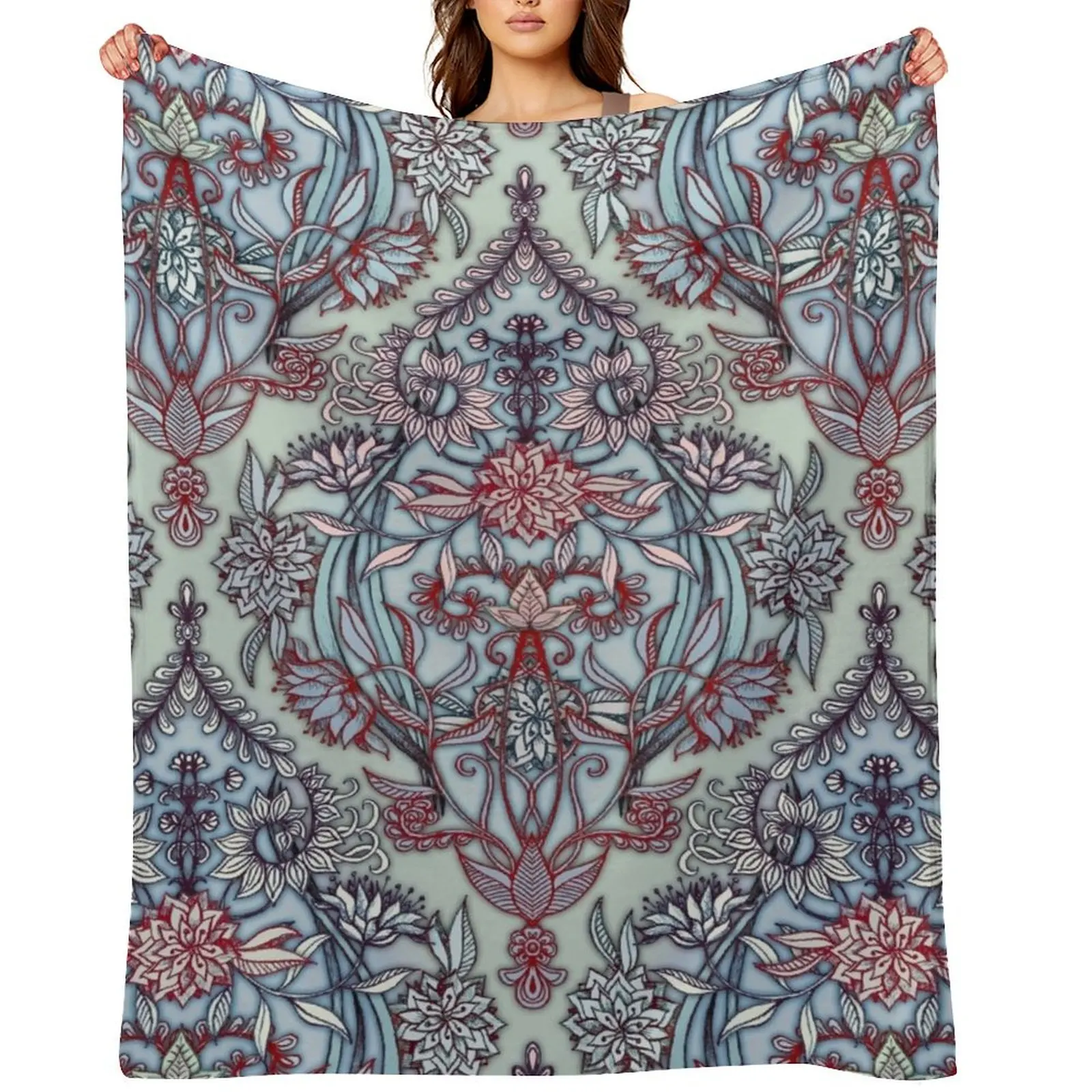 Botanical Moroccan Doodle Pattern in Navy Blue, Red & Grey Throw Blanket For Baby Plaid Baby for sofa Bed covers Single Blankets