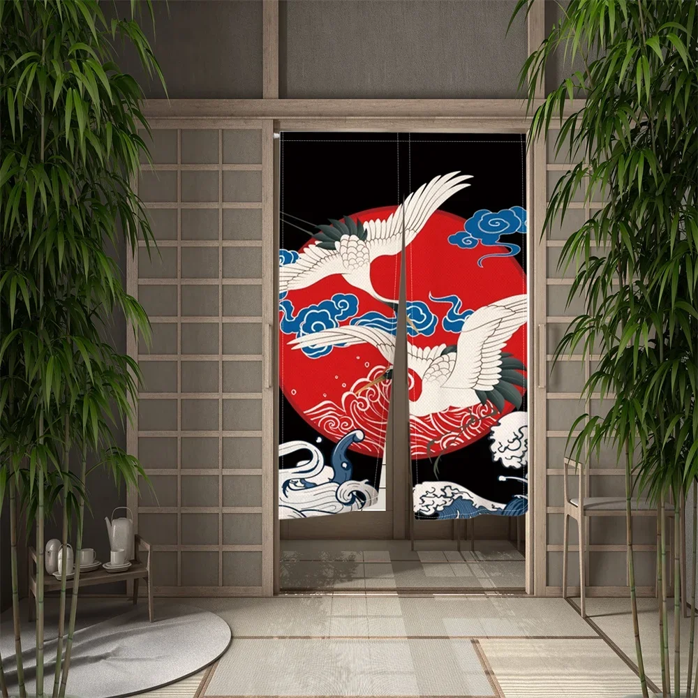 Vintage Chinese Style Crane Print Door Curtain Kitchen Bathroom Corridor Partition Bedroom Entrance Doorway Decorative Noren