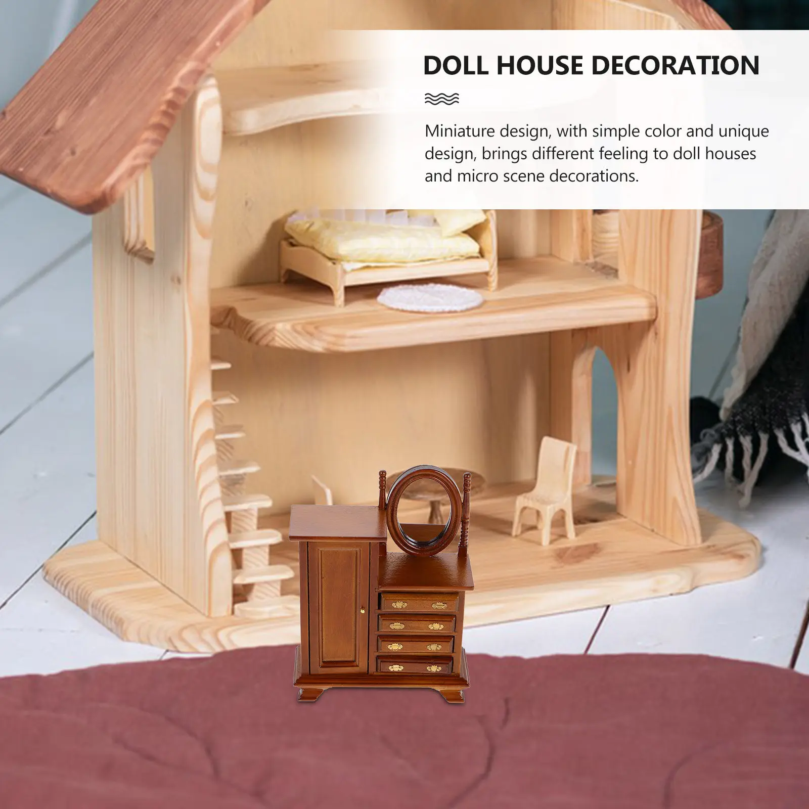 1:12 Dollhouse Miniature Dresser Vanity Table Set Elegant Retro Bedroom Furniture for Small House Interior Decor Mini Wooden