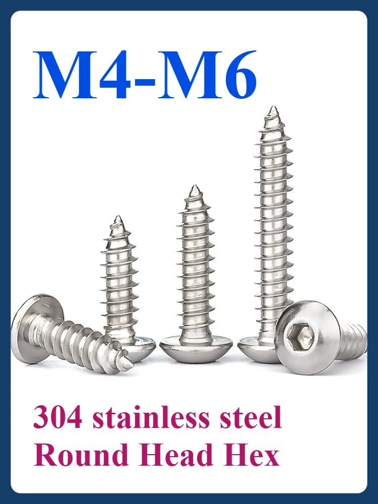 

M4~M6 304 stainless steel Round Head Hex Corrosion Resistant Self-Tapping Screws 2~20pcs Bulk Pack