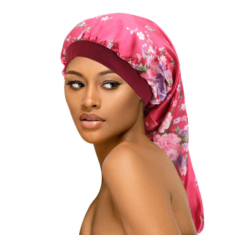 Women Baggy Cap Long Hair Sock Cap Printed Sleep Hat Wrap Night Cap Hair Care Bonnet Nightcap Wide Band Elastic Satin Headcover