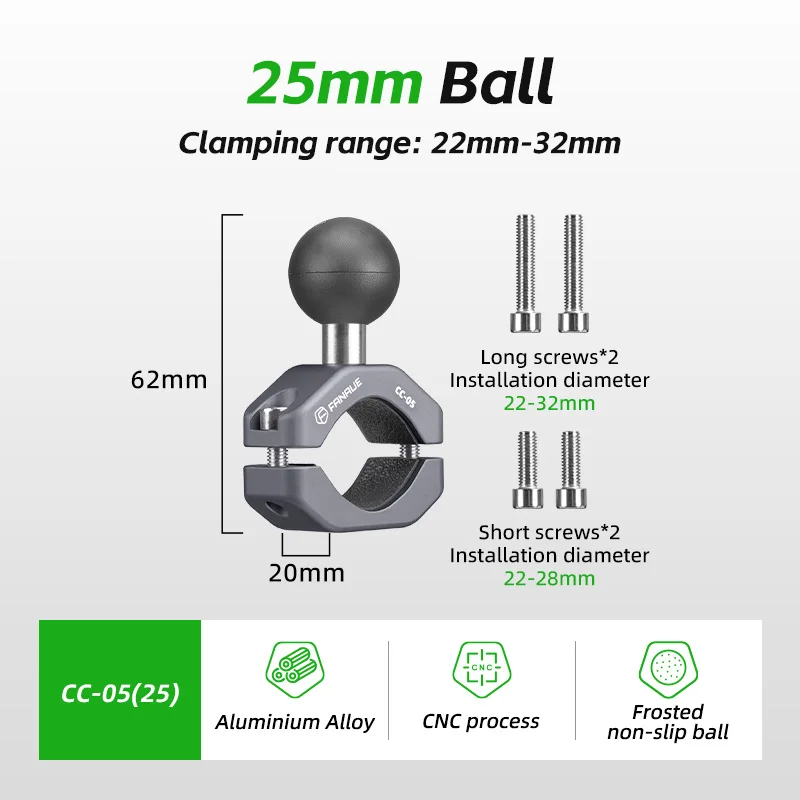 FANAUE Motorrad-Lenker-Handyhalterung aus Aluminiumlegierung 25mm/20mm/17mm Kugelkopf-Verlängerungsbasis ist stabil und rutschfest.