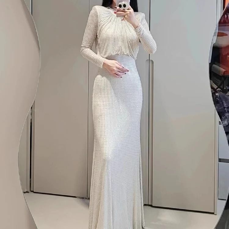 

White Diamonds Bling Dress Women Vintage Long Sleeve Elegant Women's Clothing Evening Party Runway Design Vestido Maxi