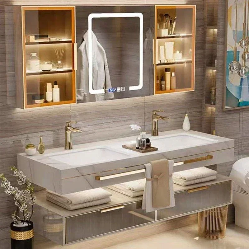 Rock Slab Seamless Ceramic Integrated Basin Bathroom Cabinet with Smart Mirror Double Washbasin Vanity Under Sink Furniture