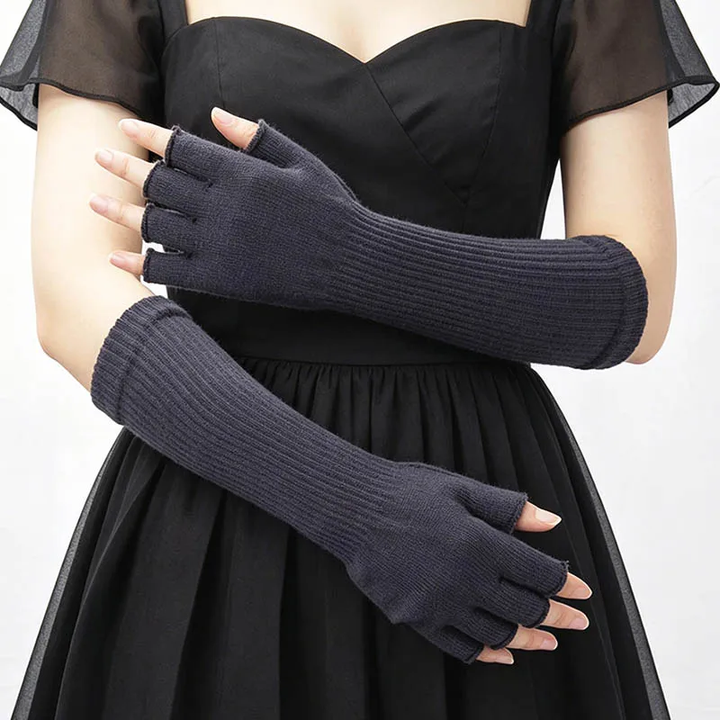 

Unisex Dark Gray Knitted Half Finger Gloves Long Fingerless Gloves for Women Men Elastic Warm Workout Cycling Accessories