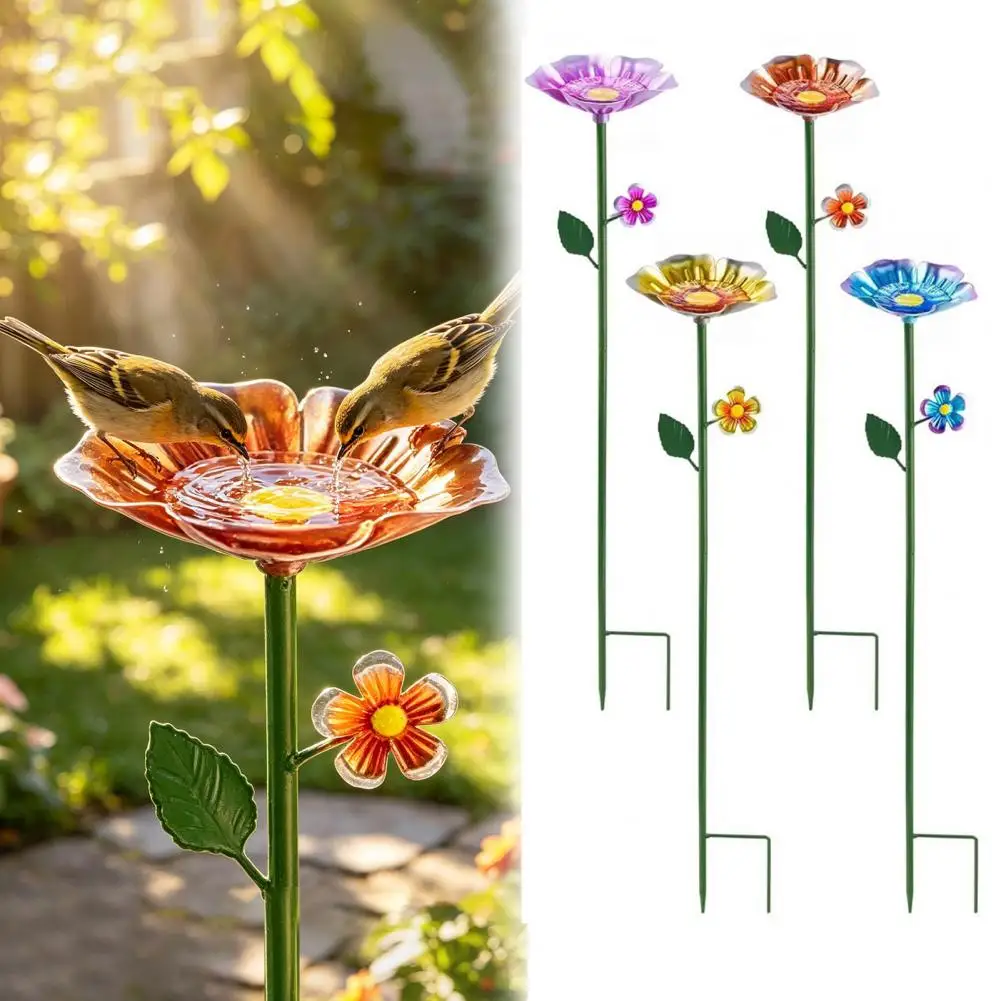 Metal Flower Garden Stake Bee Watering Station Outdoor Bird Bath Butterfly Water Feeder with Stake for Garden Pollinators Birds