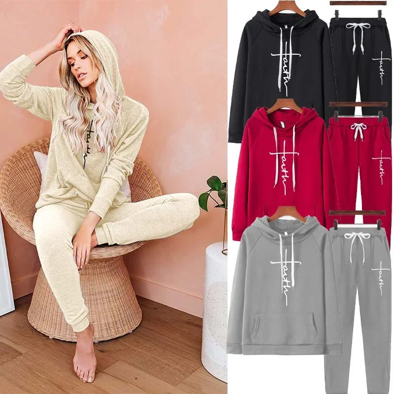 

Ladies Faith Jesus Cross Printed Sportwear Hoodies Sweatpant Sets Women French Style Design Long Sleeve Sweatshirt Jogging Pants