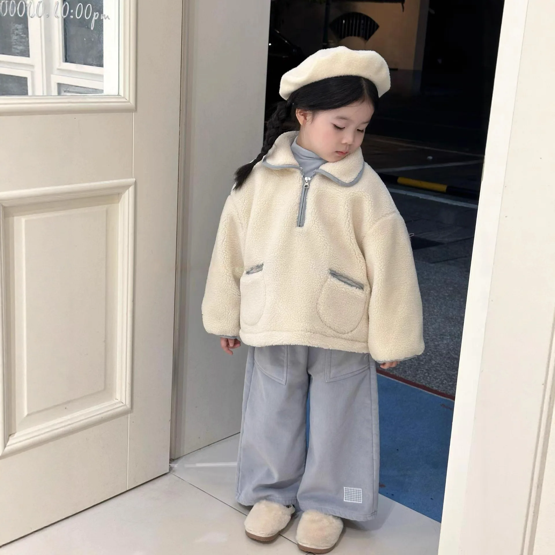 سترة صوف خروف سميكة دافئة وبسيطة كورية شبه سحاب للفتيات الصغيرات غطاء بنطال رياضي مستقيم جميل