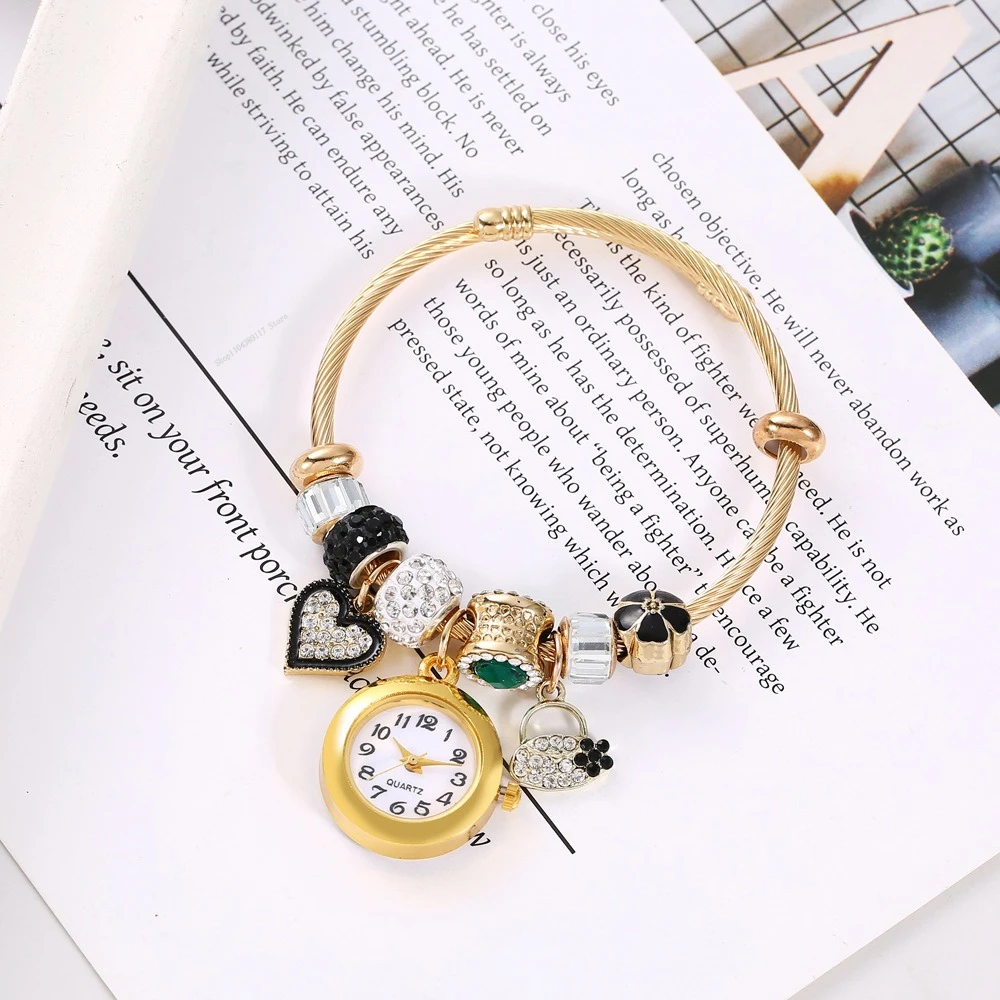 

Золотые часы-браслет с регулируемым отверстием, браслет из сплава, кварцевые часы, часы-браслет с маленьким цветком из бисера, Reloj Hombre 시계