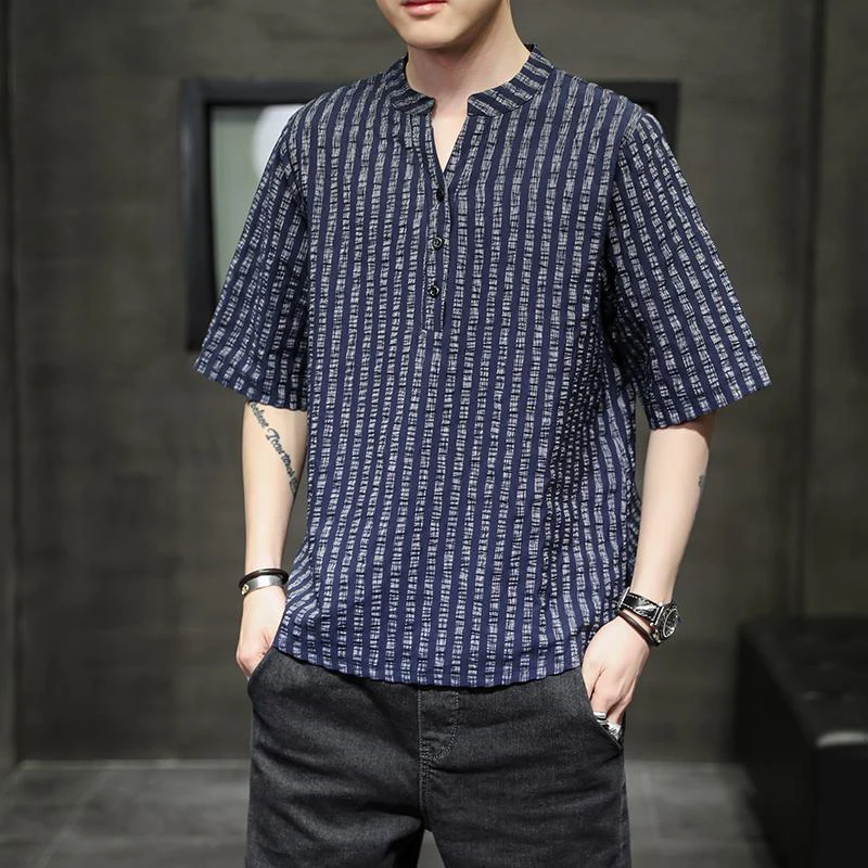 

Men Striped Cotton Linen T-Shirt Chinese Style Henley Neck Short Sleeve Summer Casual Loose Ice Silk Tops Plus Size Breathable