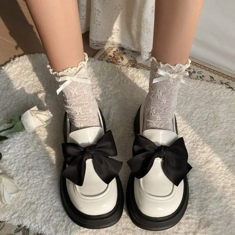 

British Style Shoes Woman Flats Casual Female Sneakers Round Toe Oxfords Bow-Knot Clogs Platform Preppy Dress New Retro Leather