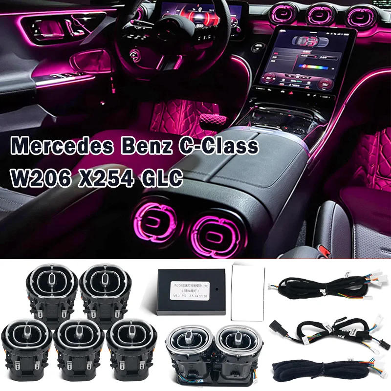 LED Air Conditioning Vent Nozzle Turbo 64 Color Air Outlet Ambient Lamp for Mercedes Benz C-Class GLC X254 2024-25 W206 2022-25