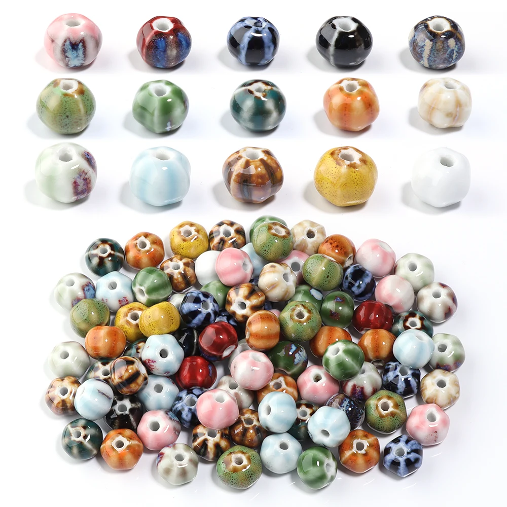 10 Stück 10x12mm Keramikperlen Halloween Kürbisperlen Bunte Glasur Streifen Lose Perlen für DIY Schmuckherstellung Halskette Armbänder