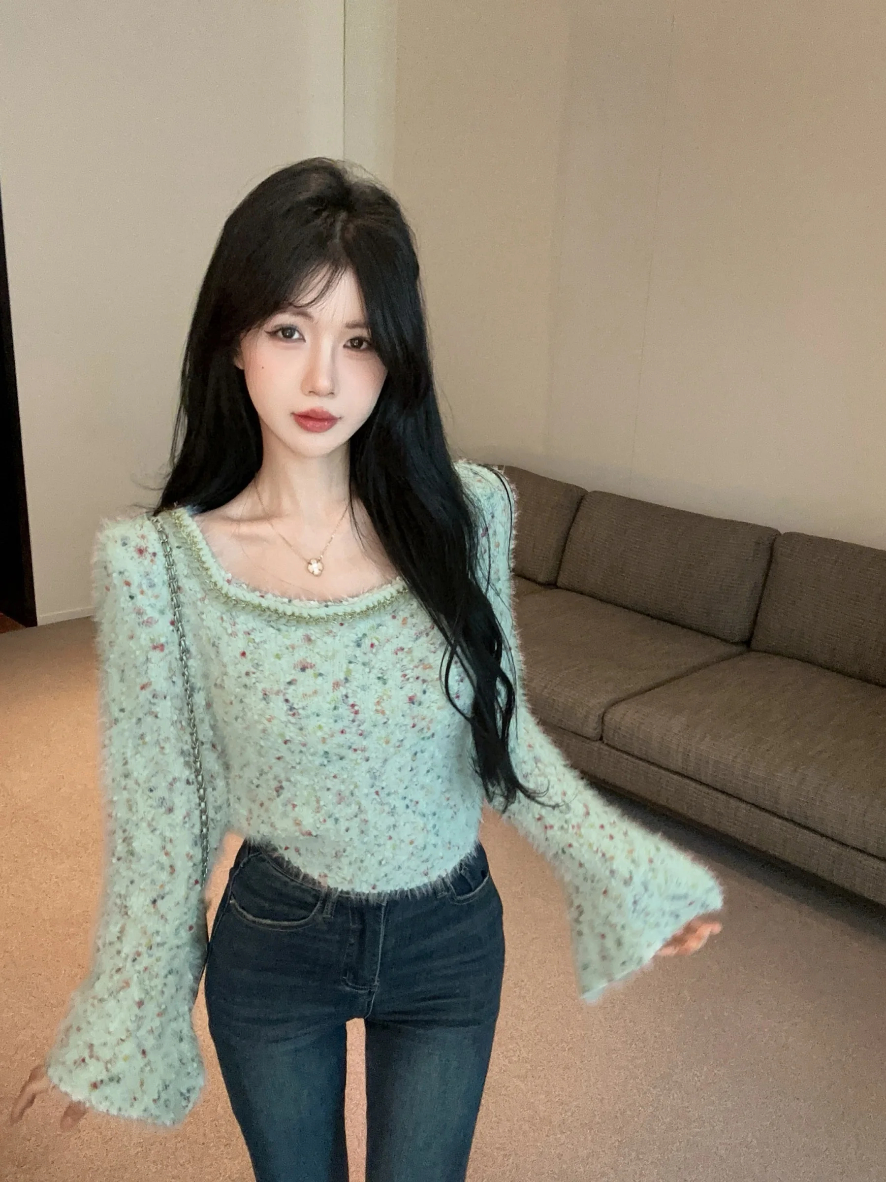 가을 우아한 패션 달콤한 밍크 니트 탑 한국 여성 빈티지 플레어 긴 소매 슬림 섹시 풀오버 스웨터