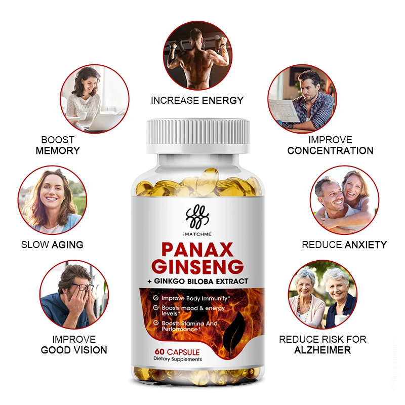 10:1 Extract Authentic Korean Red Panax Ginseng(500mg)+ Ginkgo Biloba(100mg) + Ashwagandha(100mg )Supplement Vegetarian, Non-GMO