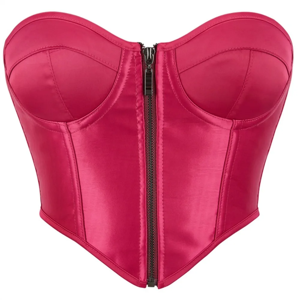 

Top Gorset Kwiaty Satin Zipper Corset Crop Top for Women Overbust Bustier Bra Sexy Strapless Backless Bandage Tube Tank Camisole