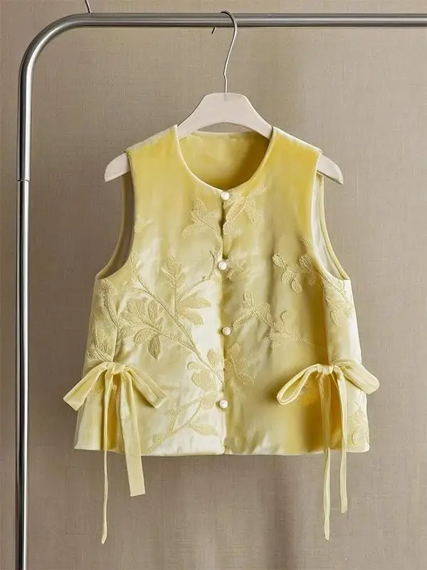 

High-End Japanese Sle Velvet Jaet Yellow Embroidery Unique Beautiful Chinese National Sle Women's Svel Top